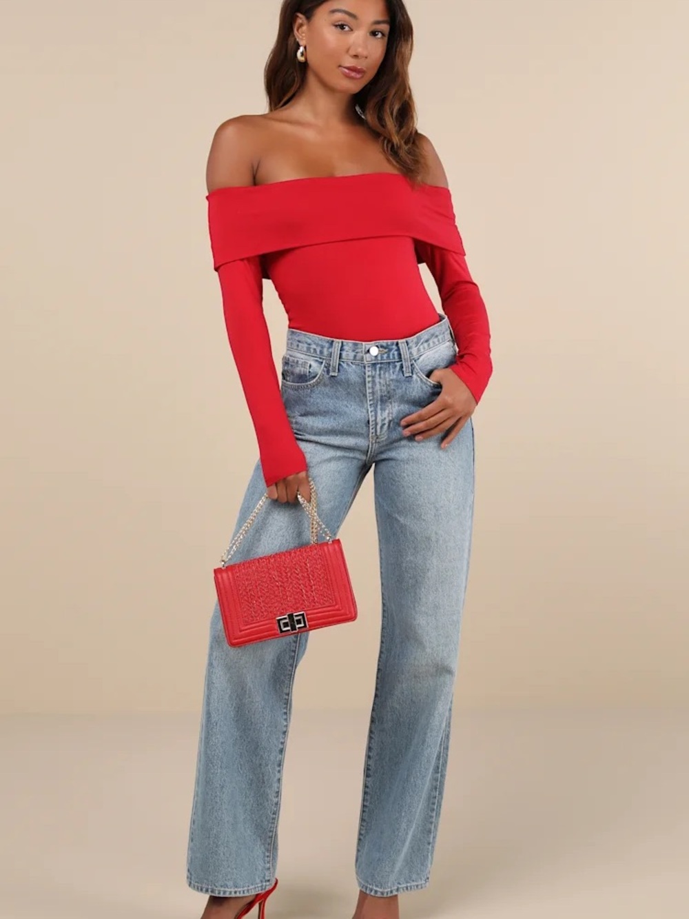Lulus Classic Composure Red Off-the-Shoulder Long Sleeve Top - L